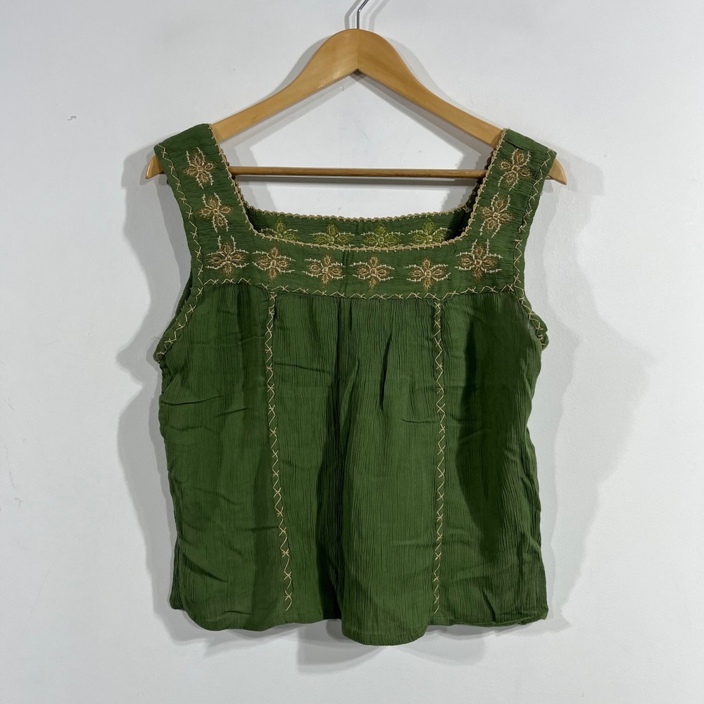 Passport Renfair Boho Small Green Embroidered Tank Top Square Neck Womens Small